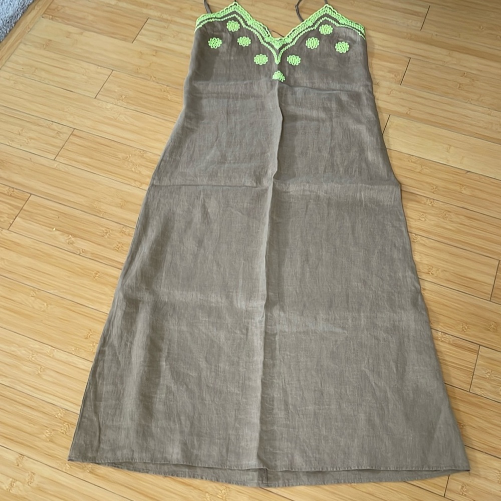 Women Long Maxi 100% Linen Embroidered Neckline Strap Dress M Zara Excellent
